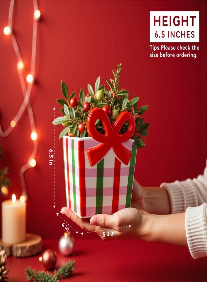 DIF DECO Red Bow Christmas Vase, 6.5 Inch Ceramic Unique Wide Paper Bag Vase, Xmas Cute Holiday Flower Pot for Centerpieces/Home/Living Room/Shelf Table, Modern Decor - Image 2